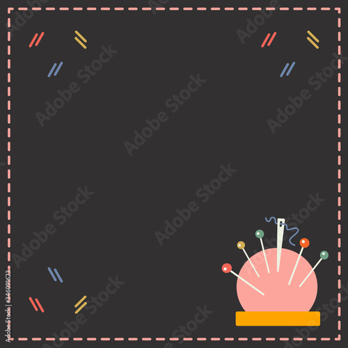 Sewing page vector with place for your text. Stitches and needle bed decoration. Design for social networks posts, scrapbooking, sew shops, card, sale coupons.