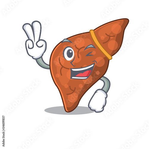 Happy human fibrosis liver cartoon design concept with two fingers