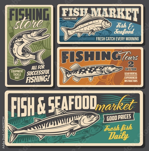 Fish and seafood market, fishing equipment and lures store. Fisher club tours, rods and tackles rental for river pike, ocean mackerel and carp. Vector vintage retro posters