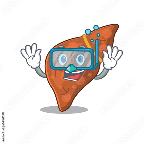 Human fibrosis liver mascot design concept wearing diving glasses