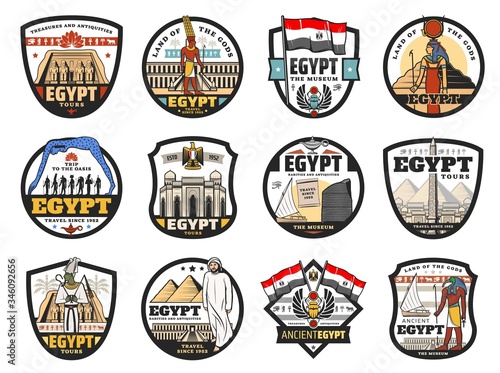 Ancient Egypt travel and religion, culture and landmarks vector icons. Egyptian Cairo and Giza tours to pharaoh pyramids, Egyptology antiquities and mummy museum, temples and gods, mosque and flag
