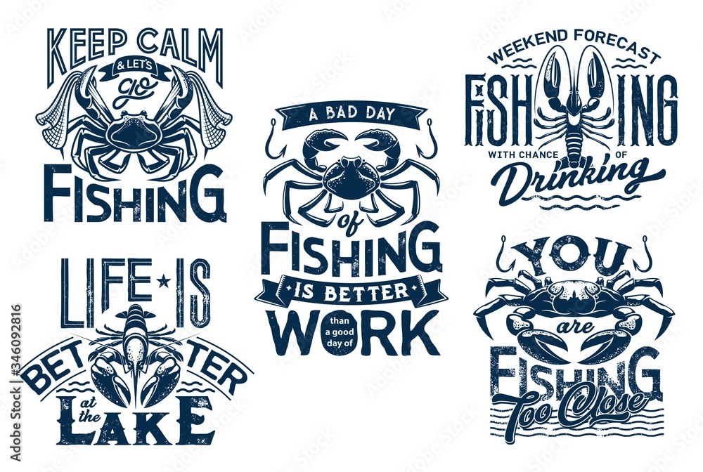 Sea crab, crayfish on water waves and lobster with fishnet. Keep calm and life on lake quotes for t-shirt print. Marine fishing vector grunge blue icons with nautical symbols and crab animals