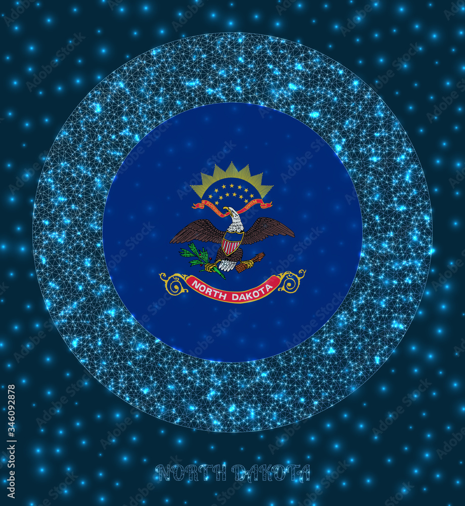 Round North Dakota badge. Flag of North Dakota in glowing network mesh style. Us state network logo. Appealing vector illustration.