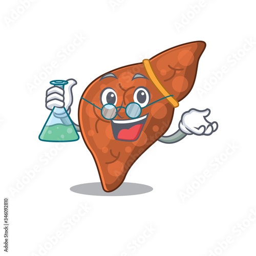 Human fibrosis liver smart Professor Cartoon design style working with glass tube