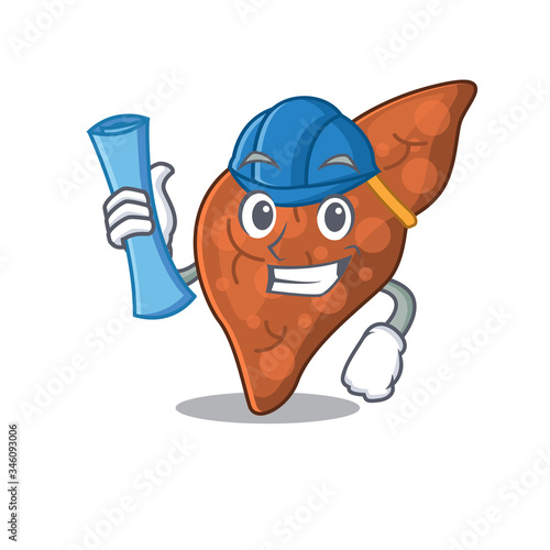 Cartoon character of human fibrosis liver brainy Architect with blue prints and blue helmet