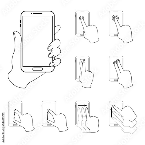 スマートフォンを操作する手のセット　線画