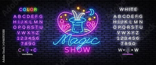 The magic show neon sign vector. Focus and entertainment Design template neon sign, light banner, nightly bright advertising, light inscription. Vector illustration. Editing text neon sign