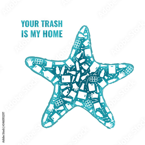 Plastic trash planet pollution concept vector illustration. Starfish ocean animal outline filled with plastic waste flat icon. Environmental protection concept, microplastic pollution problem graphic