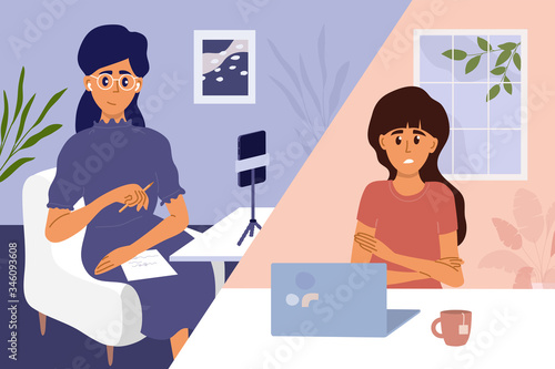 Psychology or psychotherapy online session. Video call with woman psychologist. Sad scared girl talking to psychotherapist. Support, help with mental problem, depressive disorders. Vector illustration