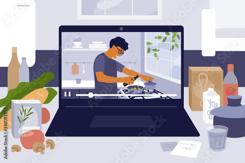 Laptop on kitchen table with cooking online master class. Culinary video blog, show with man preparing homemade meal. Stay home cook healthy food by recipe. Coronavirus quarantine. Vector illustration