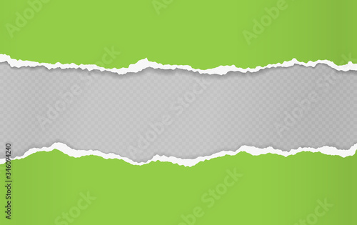 Torn, ripped pieces of horizontal green paper with soft shadow are on squared background for text. Vector illustration