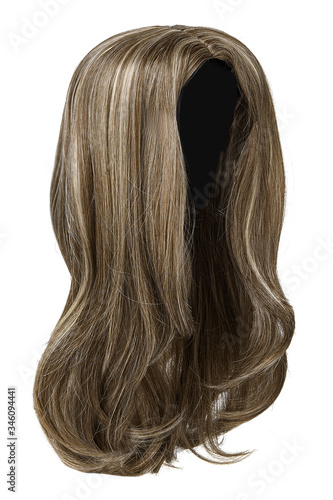Subject shot of a natural looking ashy brown wig with blonde highlights. The long wig with strands is isolated on the white background.