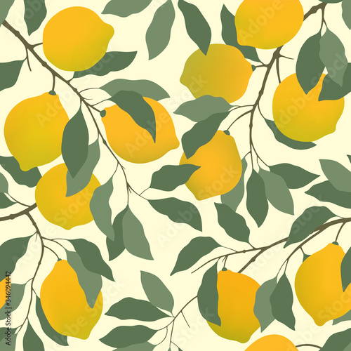 Lemons seamless pattern. Lemons on branches with leaves on a yellow background.  