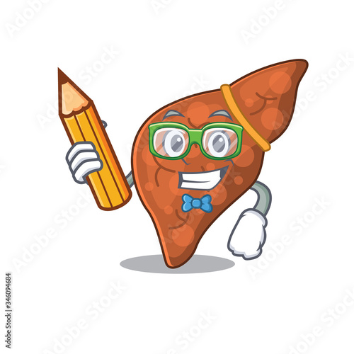 A brainy student human fibrosis liver cartoon character with pencil and glasses