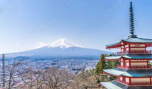 Photography Chureito Pagoda shrine tree with Fuji mount in Background