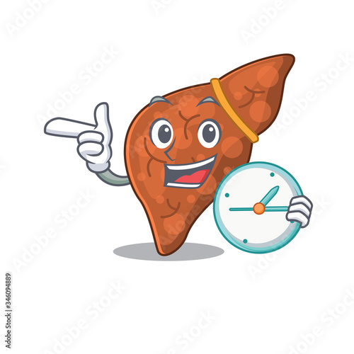 Human fibrosis liver mascot design concept smiling with clock