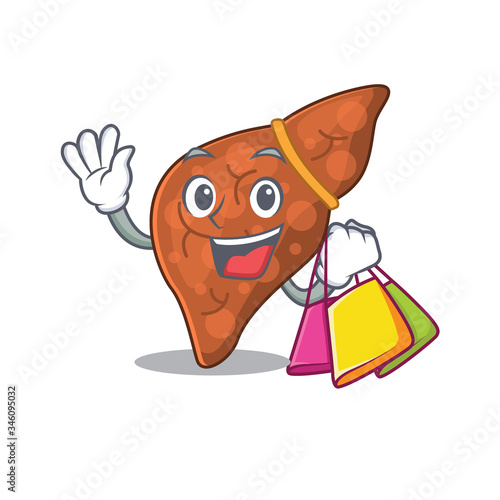 Rich and famous human fibrosis liver cartoon character holding shopping bags