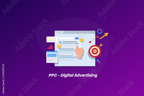 Search engine marketing, digital advertising campaign for search engine traffic, targeting audience with pay per click campaign. Online business technology.