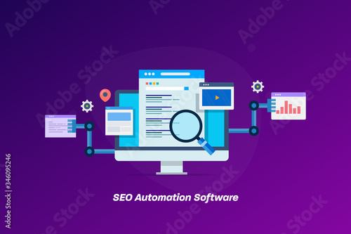 Seo software, marketing automation, search optimization, internet, business, website ranking and data analysis, technology concept. 