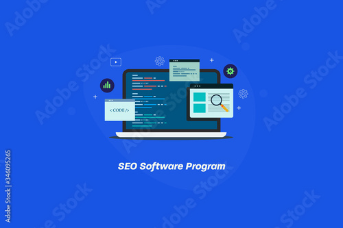 Seo software development, website coding for better search engine optimization, code interface displaying on laptop screen, internet & marketing.