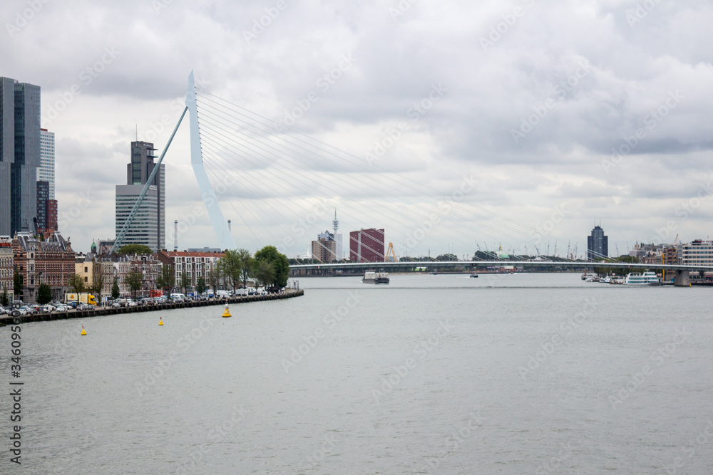Rotterdam Erasmus Bridge day time view the Cloudy sky, The Netherlands