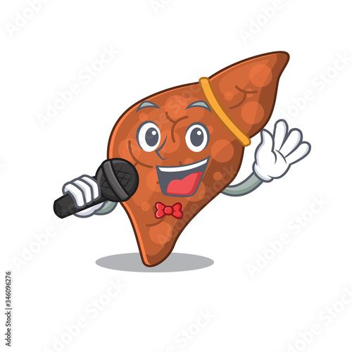 Talented singer of human fibrosis liver cartoon character holding a microphone