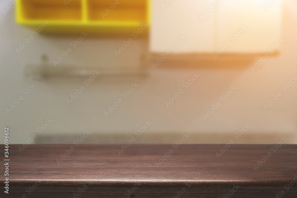 Wood desk space and blurred of kitchen background. for product display montage. business presentation. Wood desk space and blurred of kitchen background. for product display montage. business presentation.