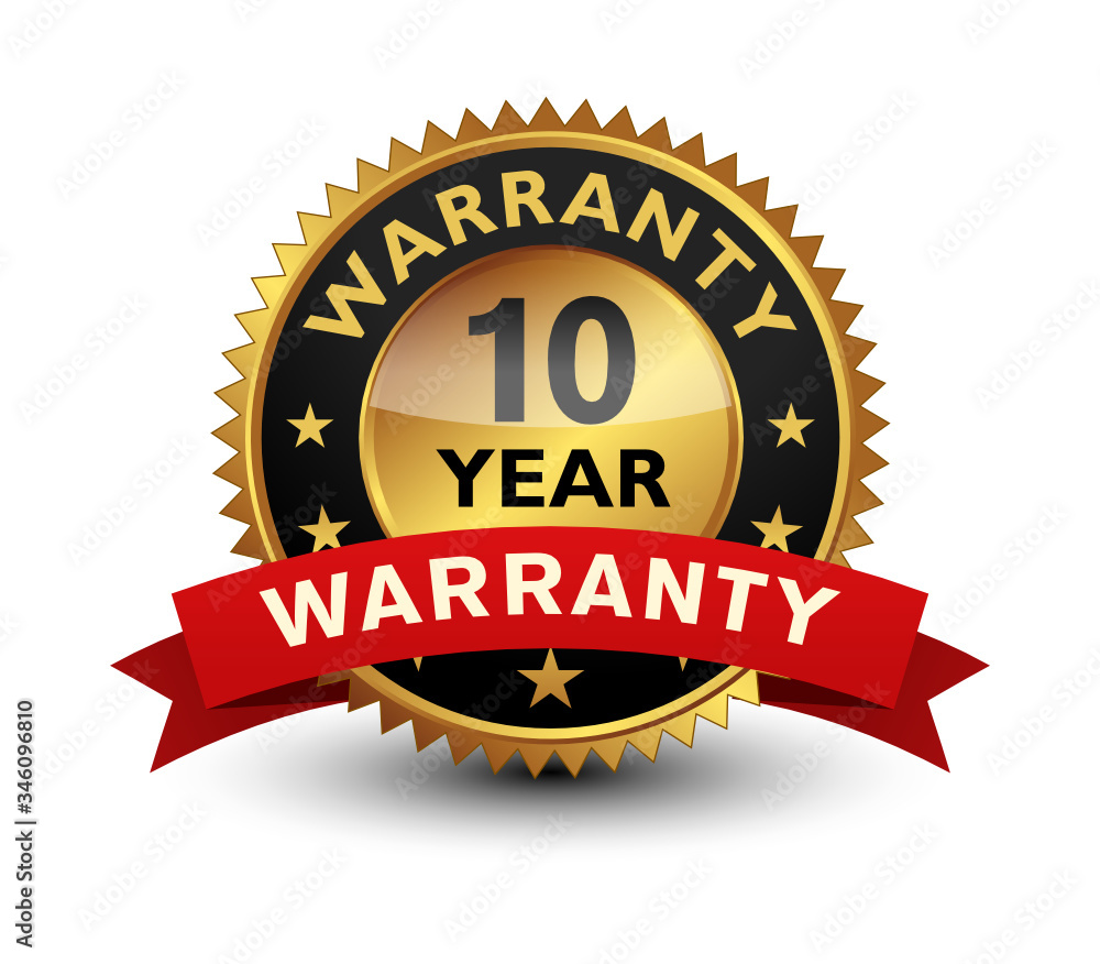 10 Year warranty golden seal, stamp, badge, stamp, sign, label with red ribbon isolated on white background. 10 Year warranty golden seal, stamp, badge, stamp, sign, label with red ribbon isolated on white background.