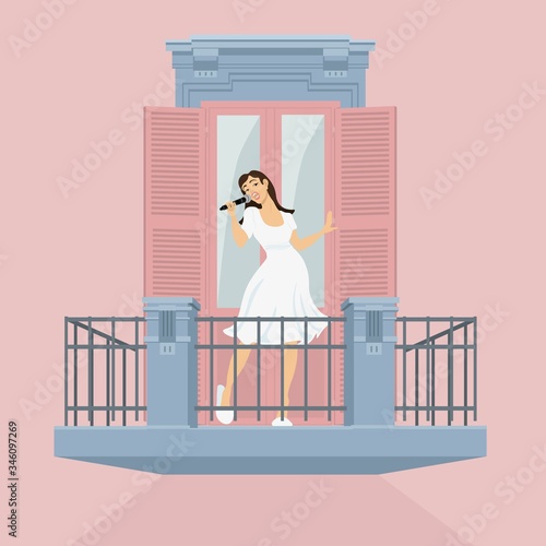 A girl sings on the balcony. Spending time in isolation. She has a microphone. Nice white dress. The building is pink and blue. Flat illustration. Good mood.