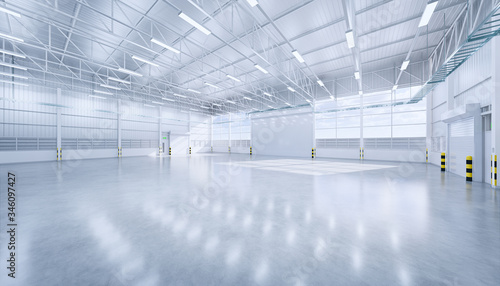 Hangar or industrial building i.e. factory, warehouse, workshop, hall or garage. Modern interior design with polished concrete floor, roller door and empty space for industry background. 3d rendering.