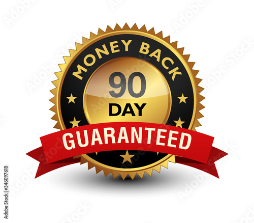 90 Day money back guaranteed golden seal, stamp, badge, stamp, sign, label with red ribbon isolated on white background.	