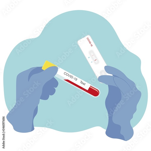 Tests for COVID19 virus infection. A test tube with a yellow lid with blood and a rectangular Express test in his hands. They're wearing medical gloves. Colors green, blue, red. Vector drawing.