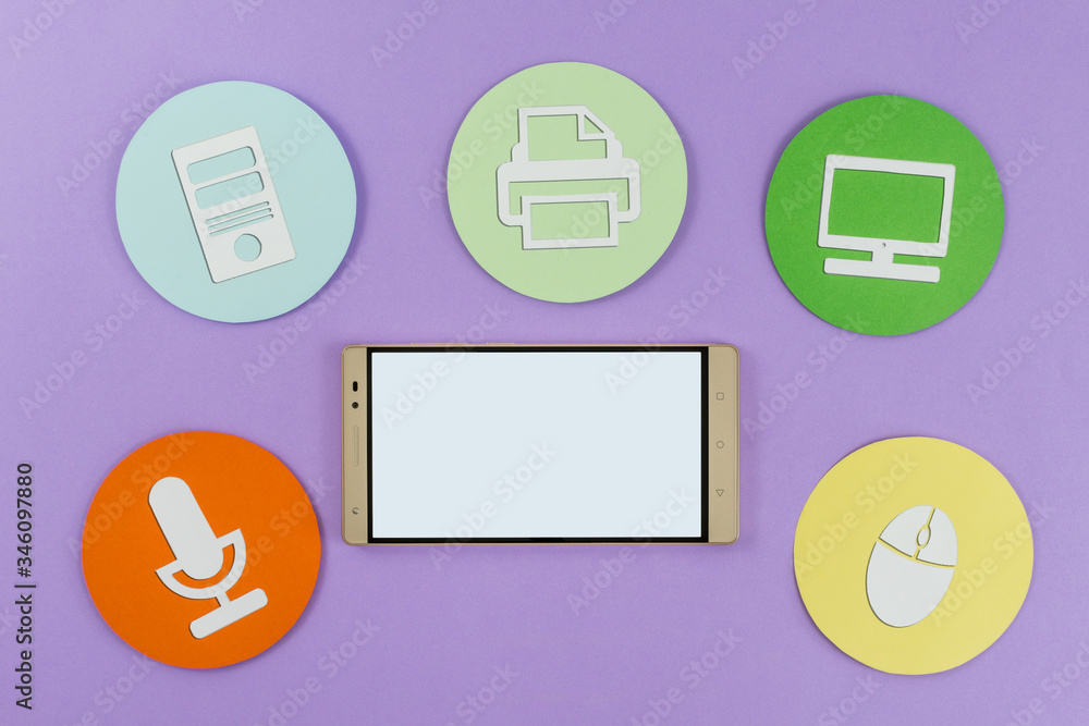 Tablet with icons made on paper, different applications. Tablet with icons made on paper, different applications.