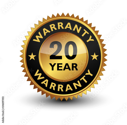20 Year warranty golden seal, stamp, badge, stamp, sign, label isolated on white background.	
