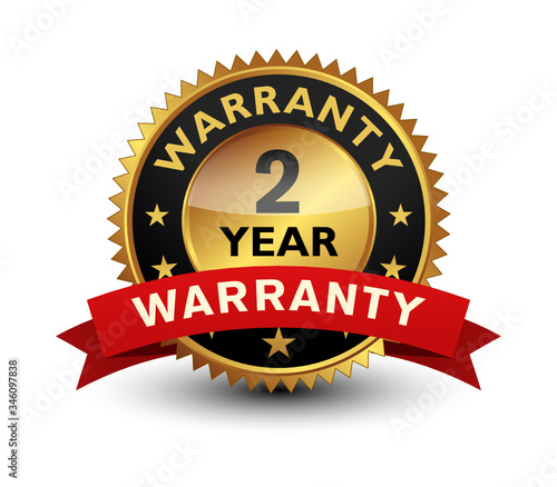2 Year warranty golden seal, stamp, badge, stamp, sign, label with red ribbon isolated on white background.	
