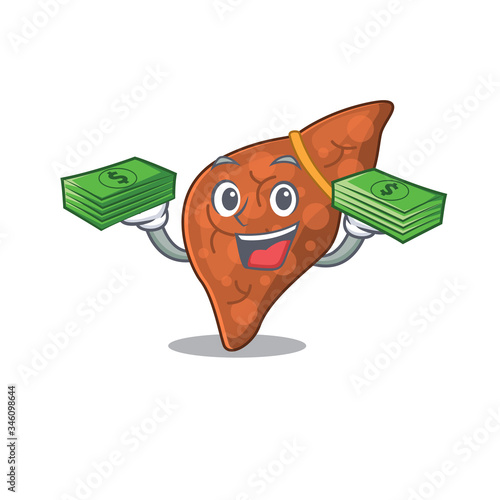 A wealthy human fibrosis liver cartoon character having money on hands