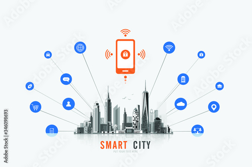 Smart city urban landscape with infographic elements. networks and augmented reality concept. Vector illustration.