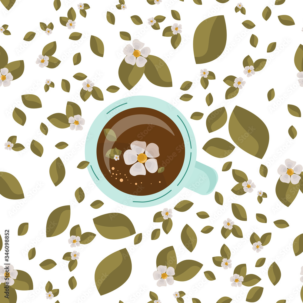Obraz premium Tea Drink top view. Vector . Tea time, mug, hands . Green leaves and white flowers of tea.