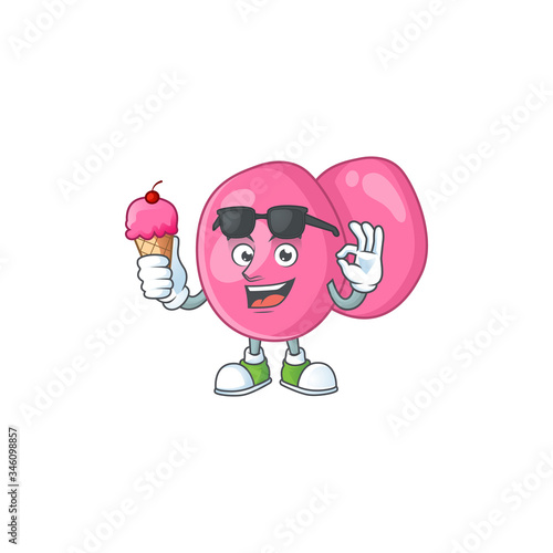 Cute streptococcus pyogenes cartoon character enjoying an ice cream