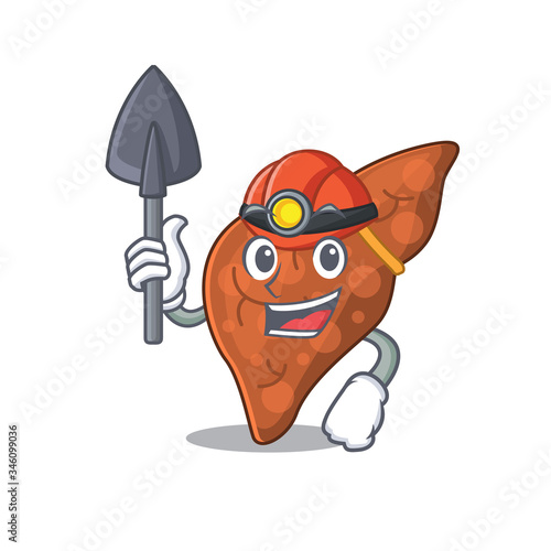 Human fibrosis liver miner cartoon design concept with tool and helmet