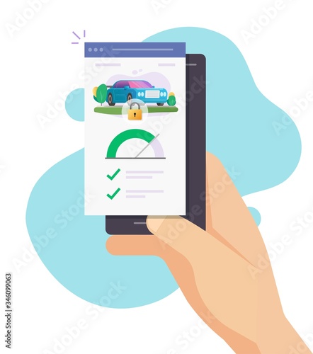 Phone connected to smart car online monitoring app or automobile wireless remote control secure alarm mobile system on smartphone vector flat, distance vehicle lock using cellphone modern design