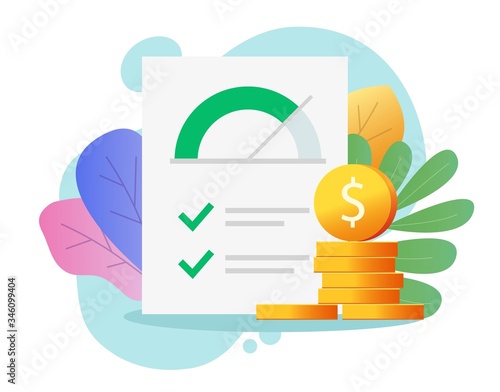 Credit score rank report paper document with money or financial loan personal history and good data assessment vector flat, finance rating inspection form or investigation statistics record icon