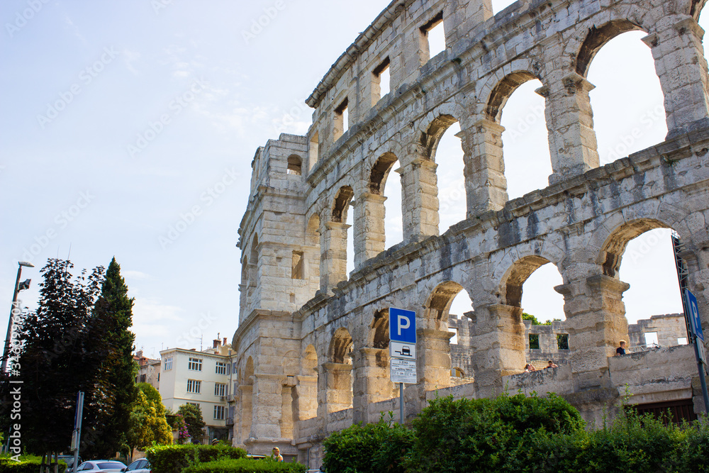 Wall of the Pula Arena, the only remaining Roman amphitheatre entirely preserved, in Pula, Croatia