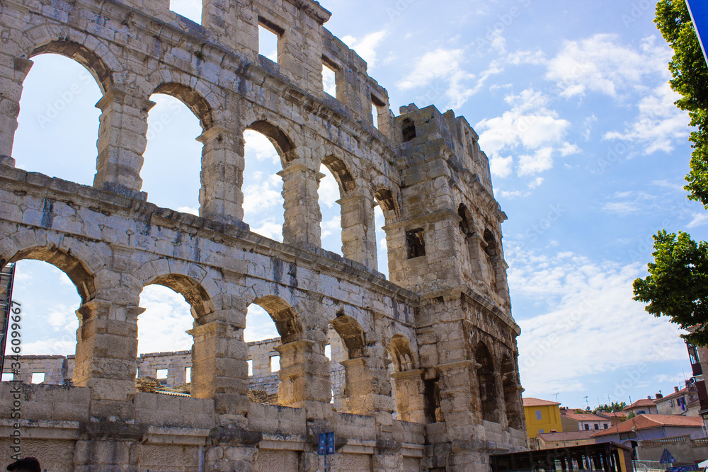 Wall of the Pula Arena, the only remaining Roman amphitheatre entirely preserved, in Pula, Croatia