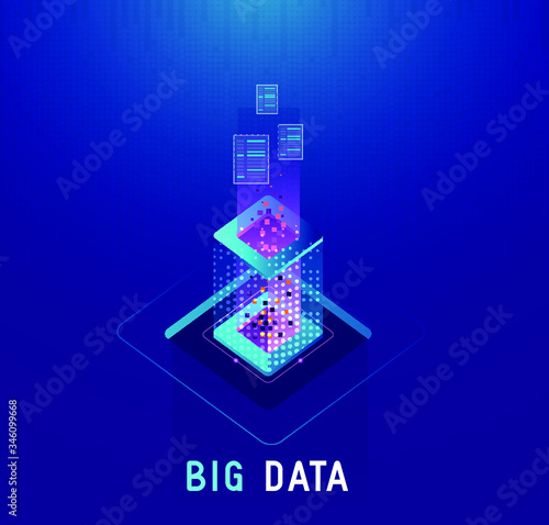 Effective template technology data, mining server farm room and smart digital devices such as phone ,computer, data, data processing vector illustration.