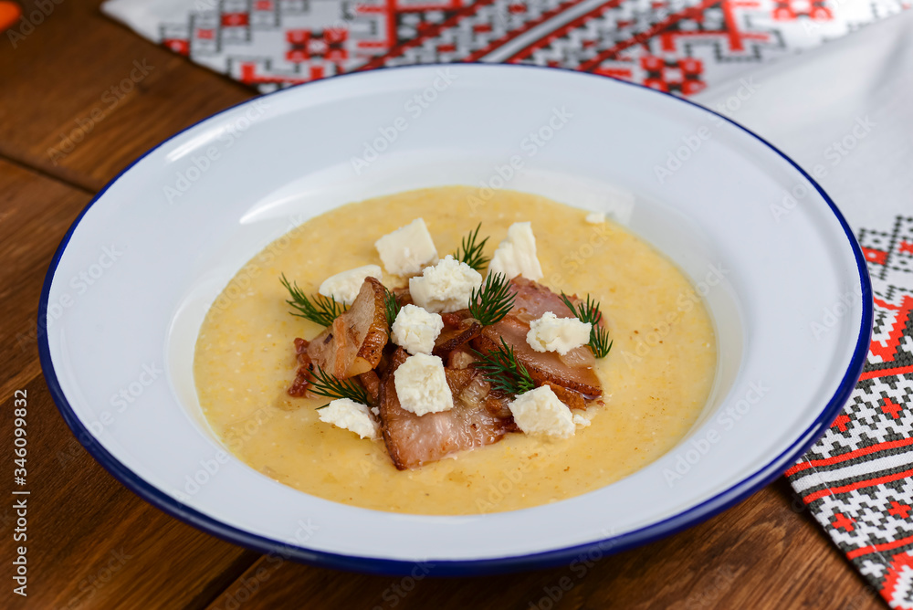 Vegetable and meat cream soup. Puree soup with meat and cheese and fresh organic dill. Vegetable and meat cream soup. Puree soup with meat and cheese and fresh organic dill.