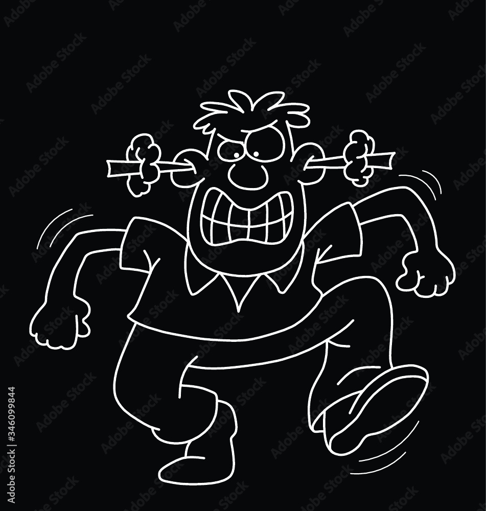 Fototapeta premium Comical monochrome outline cartoon angry man isolated on black background