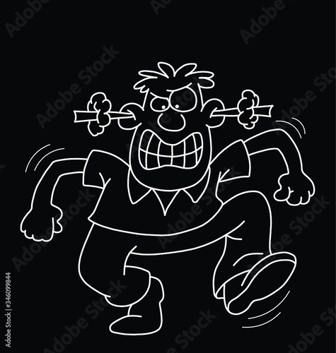Comical monochrome outline cartoon angry man isolated on black background