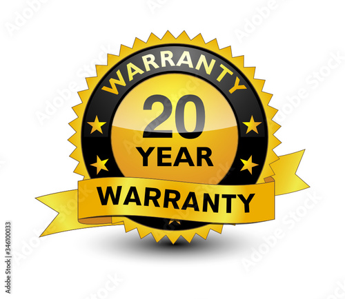 Reliable powerful golden 20 year warranty banner, sticker, tag, icon, stamp, label, sign isolated on white background