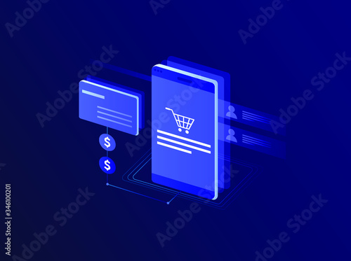 Effective template technology data, mining server farm room and smart digital devices such as phone ,computer, data, data processing vector illustration.